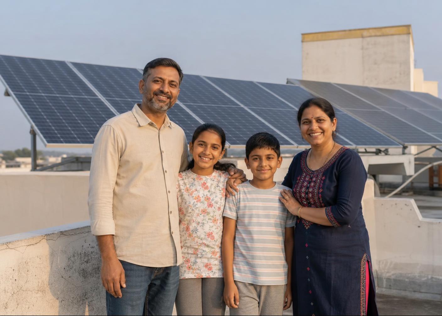 Indian family in front of their new rooftop solar system